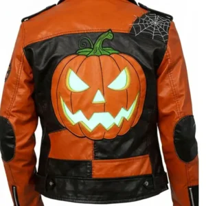 Halloween Patchwork Pumpkin Spiderweb Orange and Black Leather Biker Jacket