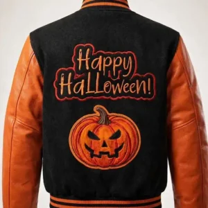 Halloween Pumpkin Black And Orange Wool Letterman Jacket Varsity Bomber Jacket