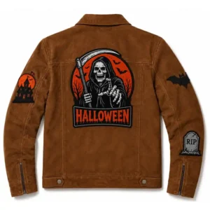 Halloween Pumpkin Brown Ghost Skeleton Patches Suede Leather Jacket