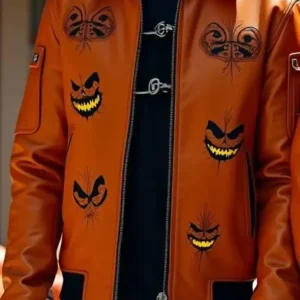 Halloween Pumpkin Patch Haunted Castle Orange Leather Bomber Jacket