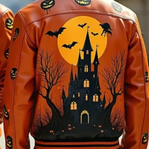 Halloween Pumpkin Patch Haunted Castle Orange Leather Bomber Jacket For Sale