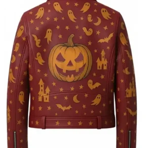 Halloween Pumpkin Print Asymmetrical With Waist Belted Style Purple Leather Biker Jacket