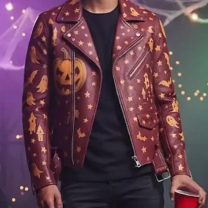 Halloween Pumpkin Print Asymmetrical With Waist Belted Style Purple Leather Biker Jacket For Men and Women