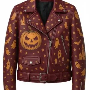 Halloween Pumpkin Print Leather Biker Jacket