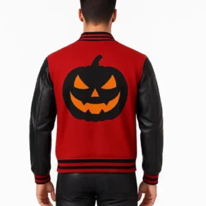 Halloween Pumpkin Red and Black Wool Bomber Varsity Jacket