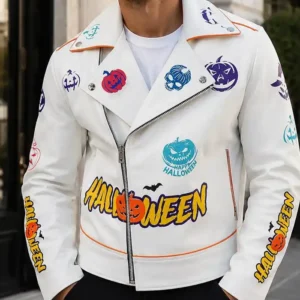 Halloween Pumpkin Themed White Biker Jacket