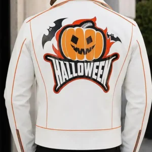 Halloween Pumpkin Themed White Leather Biker Jacket For Sale