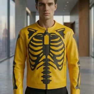 Halloween Skeleton Punk Rock Skull Bones Yellow Leather Jacket For Men and Women