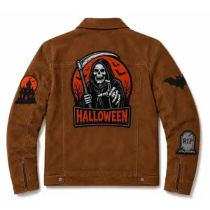 Halloween Trick or Treat Skeleton Ghost Vintage Brown Horror Suede Leather Jacket