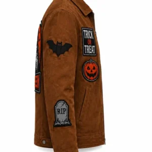 Halloween Trick or Treat Skeleton Ghost Vintage Brown Horror Suede Leather Jacket For Sale