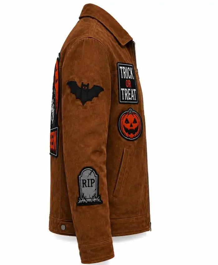 Halloween Trick or Treat Skeleton Ghost Vintage Brown Horror Suede Leather Jacket For Sale