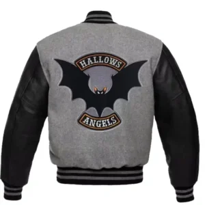Hallows Angels Spooky Grey and Black Wool Letterman Varsity Jacket