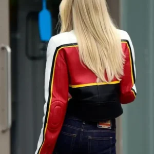 Laura Abla Los Angeles 2026 Cropped Red and White Racing Leather Jacket
