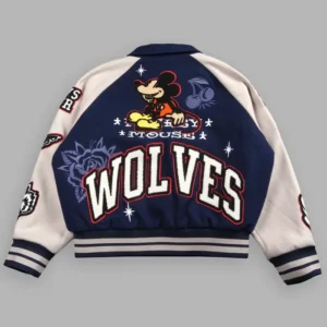 Mickey Mouse Wolves Club Roxy Box Cut Rudy Letterman Navy Blue Jacket Back