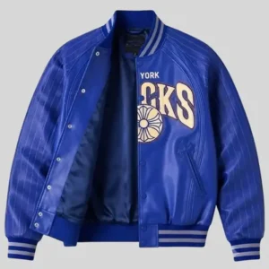 NBA Team New York Knicks x Chrome Hearts Blue Leather Varsity Jacket
