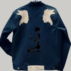 Nicolas Cage Ghost Rider Skull Patch Skeleton Back Print Blue Denim Jacket