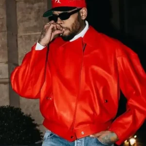 Paris 2026 Chris Brown Red Leather Jacket