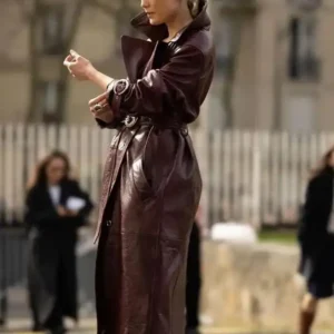 Paris FW Show 2026 Pom Klementieff Rabanne Burgundy Leather Trench Coat