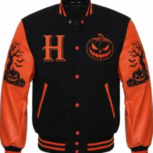 Personalize Halloween Pumpkin Black and Orange Varsity Jacket