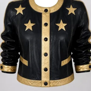 Retro 90s Black and Gold Star Patches Cropped Leather Jacket