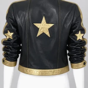 Retro 90s Black and Gold Star Patches Cropped Leather Jacket For Women