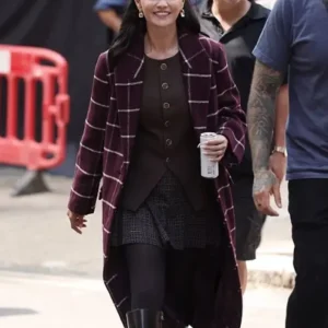 Selena Gomez TV Series Only Murders In The Building S06 Burgundy Plaid Wool Long Coat