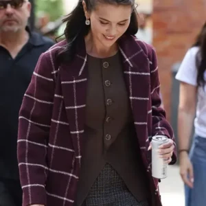 Selena Gomez TV Series Only Murders In The Building S06 Burgundy Plaid Wool Long Coat Sale