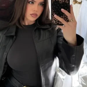 Shop Amanda Diaz Black Shirt Style Leather Jacket