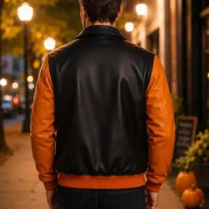 Shop Black and Orange Halloween Embroidery pumpkin Patch Leather Bomber Jacket