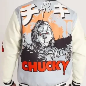 Shop Chucky Good Guys Wanna Play Grey and White Varsity Jacket