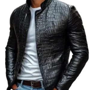 Shop Crocodile Embossed Black Leather Jacket For Men