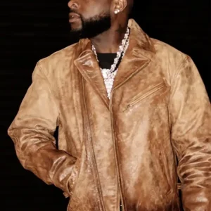 Shop Davido London 2026 Brown Distressed Leather Jacket