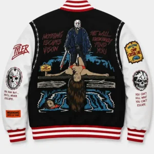 Shop Halloween Camp Crystal Lake Friday the 13th Jason Black and White Varsity Jacket