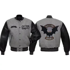 Shop Hallows Angels Spooky Grey and Black Wool Letterman Varsity Jacket
