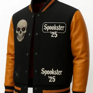 Shop Haunted and Hype Black and Brown Spookster 25 Bomber Varsity Jacket