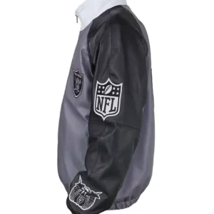 Shop Jeff Hamilton Grey and Black Raiders Vegan Leather Jacket