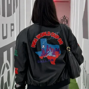Shop Meg Stewart FIFA World Cup 2026 Jeff Hamilton Black Bomber Leather Jacket
