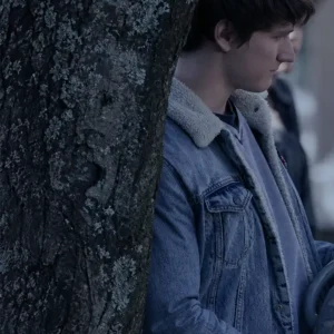 Shop Miles Jacob TV Series Elle S01 Moskovitz Blue Shearling Denim Jacket