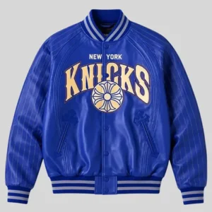 Shop NBA Team New York Knicks x Chrome Hearts Blue Leather Varsity Jacket