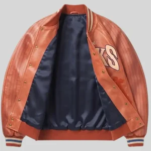 Shop NBA Team New York Knicks x Chrome Hearts Orange Leather Varsity Jacket