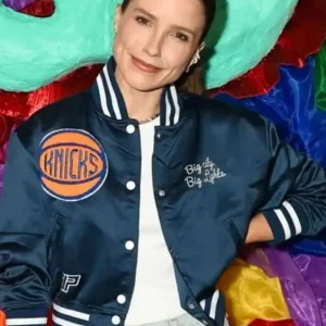 Shop New York City 2026 Sophia Bush Blue Satin Vintage Knicks Varsity Jacket