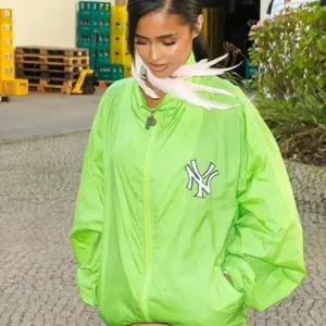 Shop Tyla Soho House Berlin 2026 NY Logo Neon Green Oversized Bomber Jacket