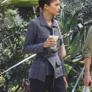 Shop Zendaya Shanghai China 2026 Grey Wrap Tie Pinstripe Blazer