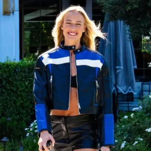 Sophie Cunningham LIONESS Nueve Blue and Black Leather Biker Jacket
