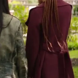 Storm Reid Roommates 2026 Luna Burgundy Wool Trench Coat For Women