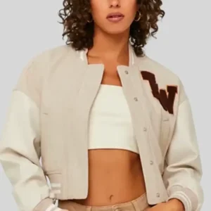TW Colorblock Beige Cropped Varsity Jacket