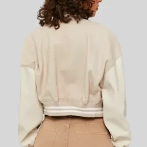 TW Colorblock Beige Cropped Varsity Jacket For Women