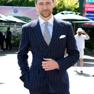 Tom Hiddleston 2026 Wimbledon Tennis Championships Navy Blue With White Stripes Blazer