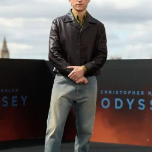 Tom Holland THE ODYSSEY Photocall London 2026 Brown leather Jacket For Men and Women