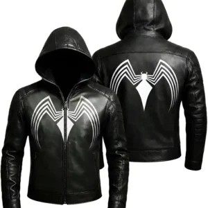 Venom Cosplay Hooded Black Superhero Leather Jacket For Men and Women